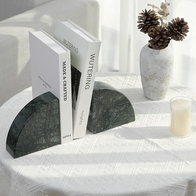 Karibiber Marble Bookend for Shelves, Non-Skid Bookends for Heavy Books, Heavy Duty Book Stopper for CDs, Luxury Book Shelf Holder, Quarter Circle Design Book Ends Decorative, Indian Green, Set of 2