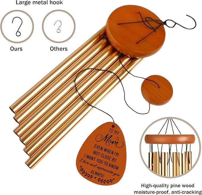 Mom Wind Chime - Long Distance, Mothers Day Wind Chime for Mom Birthday Gifts from Daughter, Son - I Love You Mom Gifts - Home, Patio, Garden Decor - Wooden Large Wind Chimes for Outside 28 Inches