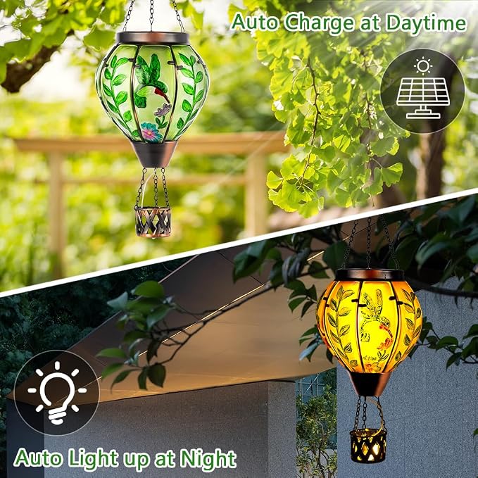 Hot Air Balloon Solar Lantern with Flame | Handmade Glass, Waterproof Outdoor Lantern, Decorative Outdoor Lantern for Patio, Garden, Porch, Green