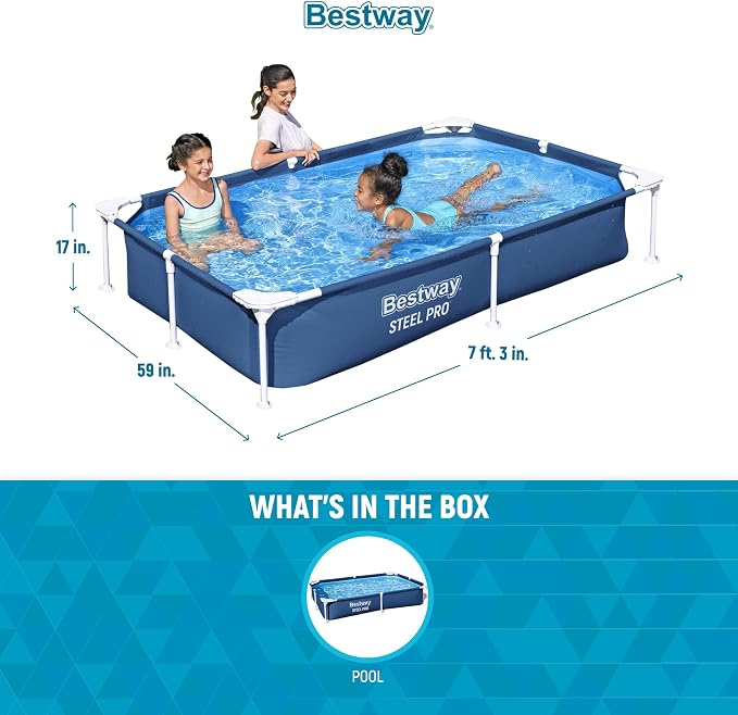 Bestway Steel Pro 87 Inch x 59 Inch x 17 Inch Rectangular Metal Frame Above Ground Outdoor Backyard Swimming Pool, Blue (Pool Only)