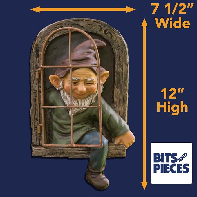 Bits and Pieces Elf Out the Window Yard Decorations Outdoor Tree Faces, 12 Inch Tree Hugger Whimsical Yard Decor, Elf, Fairy, Gnome Garden Decorations, Fun Garden Art