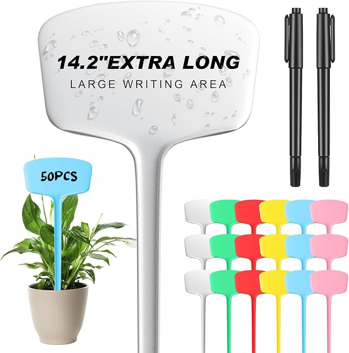 Colingmill 50 Pcs 14.2 Inch Plastic Plant Labels Tags T Type Plant Markers with Pen for Outdoor Indoor Garden Pot Herbs Flowers Vegetable(Multicolor)
