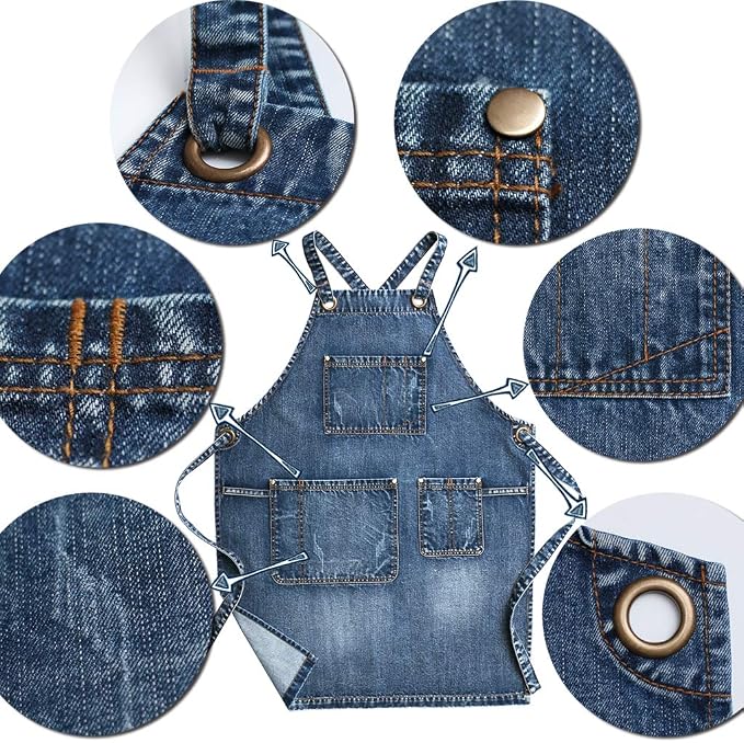 Jeanerlor Denim Hair Stylist Apron With Pockets for Men, Acid Washed Jean Work Aprons Cross Back for Hairstylist with Tool Pockets (Denim Blue) Adjustable L to XXL