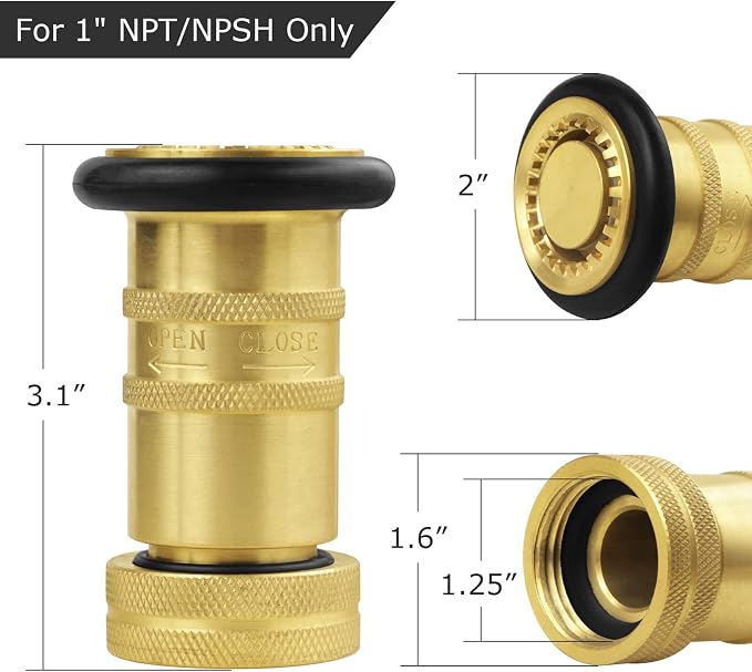 Fire Hose Nozzle 1" NPSH/NPT Fire Fighter Hose Nozzle 100 psi 75 gpm Brass Fire Equipment Spray Jet Fog,Heavy-Duty Industrial Brass Fire Equipment Water Hose Nozzle