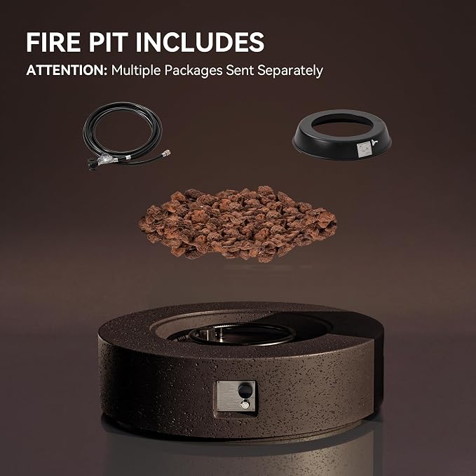 COSIEST 42 inch Outdoor Propane Fire Pit Coffee Table w Concrete Round Base Patio Heater, 50,000 BTU Stainless Steel Burner, Free Lava Rocks, Rain Cover, Brown