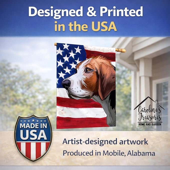 Caroline's Treasures CK6523CHF Finnish hound Dog American Flag House Flag Large Porch Sleeve Pole Decorative Outside Yard Banner Artwork Wall Hanging, Polyester, House Size, Multicolor