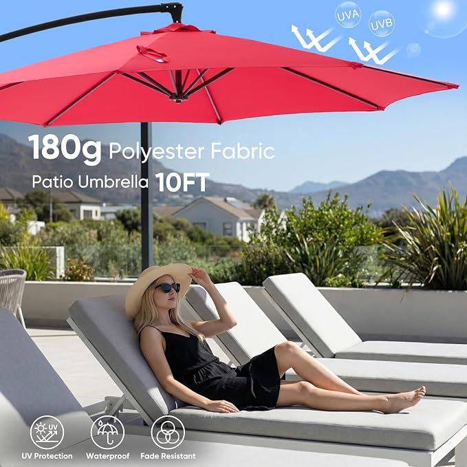 NEWBULIG 10FT Patio Umbrella, Offset Cantilever Outdoor Patio Table Umbrella, UV Protection, Fade Resistant Fabric, Easy Tilt Adjustment for Pool, Deck, Garden, Backyard, Red