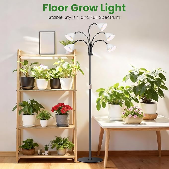 Wolezek Grow Lights for Indoor Plants Full Spectrum with Stand, 5-Head 120 LEDs Floor Plant Grow Lamp for Large Plants, Auto ON/Off Timer 6/12/16H, 5 Dimmable Levels, Adjustable Height 16.5"-61"