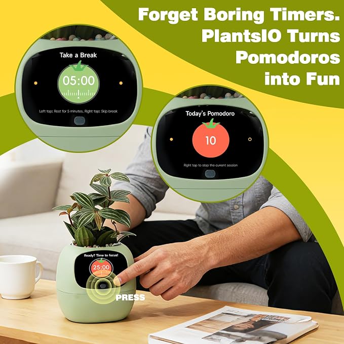 Smart Plant Pot with Visual Display – Soil Moisture, Water Level, Light & Battery Monitor, 80ml Self-Watering Reservoir, Supports 100+ Plants, Pomodoro Timer, Clock & Calendar (Green)