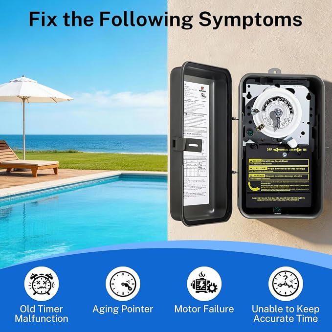 T104R 24-Hour Mechanical Timer Switch, DPST, 3R Rainproof Metal Enclosure, Heavy Duty Timer for Lighting, Pool Pumps, Commercial Defrost Systems