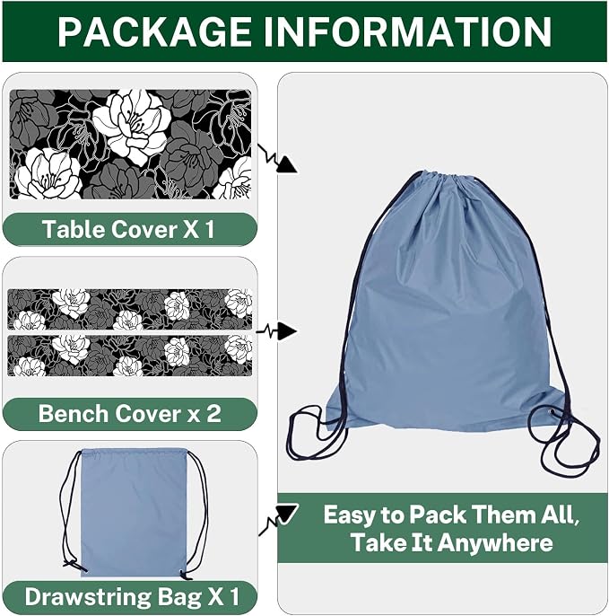 3 Piece Fitted Picnic Table Cover with Bench Covers, 72"x30" Full Elastic Edge Camping Tablecloth, Waterproof Wipeable RV Outdoor Patio Park Camping Essentials with Drawstring Bag (Flower
