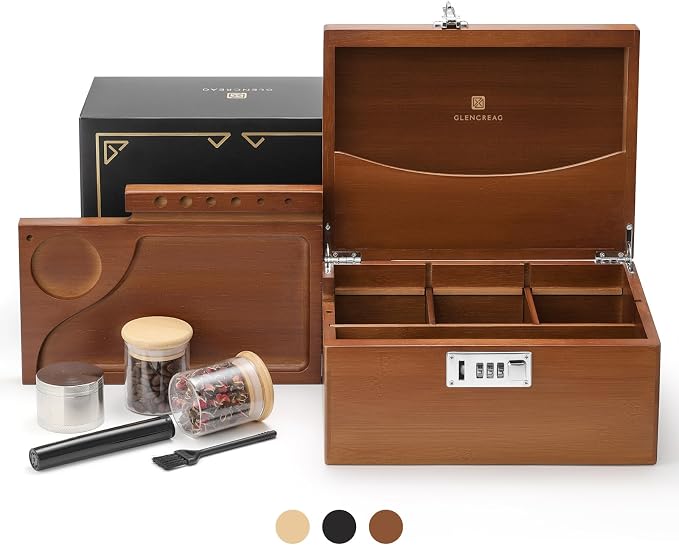 GLENCREAG Stash Box with Rolling Tray, Smell Proof Large Bamboo Storage Box with Lock, Decorative Set Includes Glass Jars & Grinder, Gift for Men Women