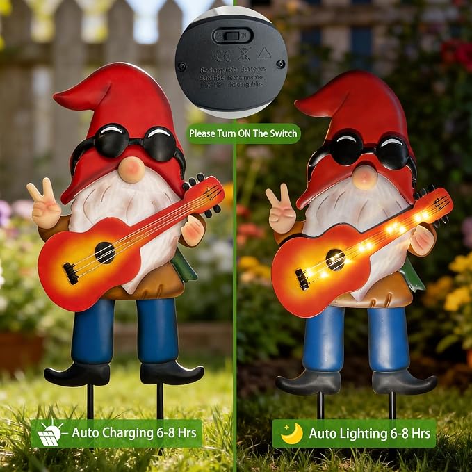 28" Solar Garden Gnome Decor with Light Up Guitar - Outdoor Decorative Stake for Patio, Yard & Lawn | Unique Rock Music Gnome Decor