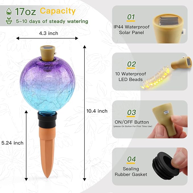 VOREEN Crackle Glass Plant Watering Globe with Terracotta Spike,Self-Watering Irrigation for Potted Plants, with Solar Accent Light for Indoor & Outdoor Décor, 17oz, Purple–Blue Gradient