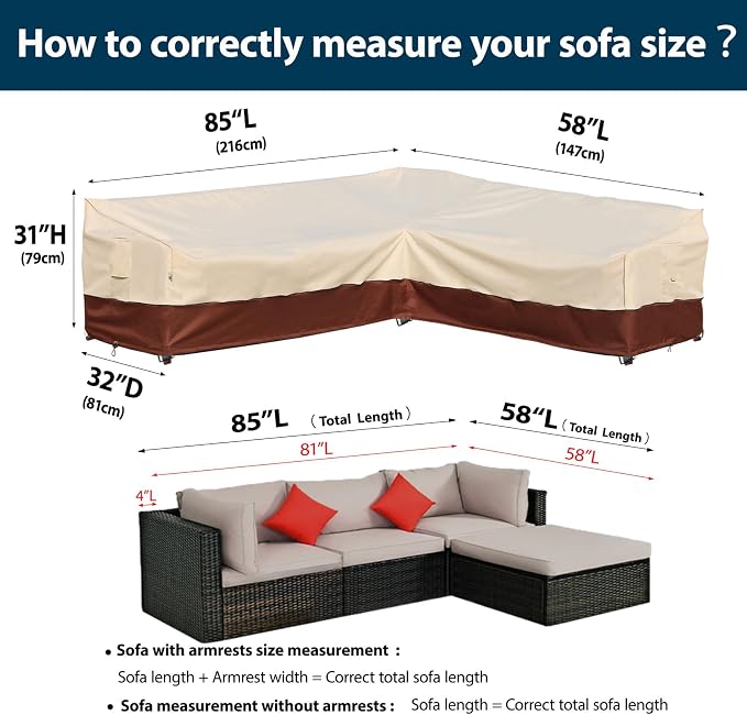 Patio Outdoor Sectional Cover -Patio Furniture Covers Waterproof Rip-Stop Anti-UV 600D Heavy Duty Outdoor Couch with 3 Air Vent Sofa Cover (L-Shaped-Right-85''X58'')