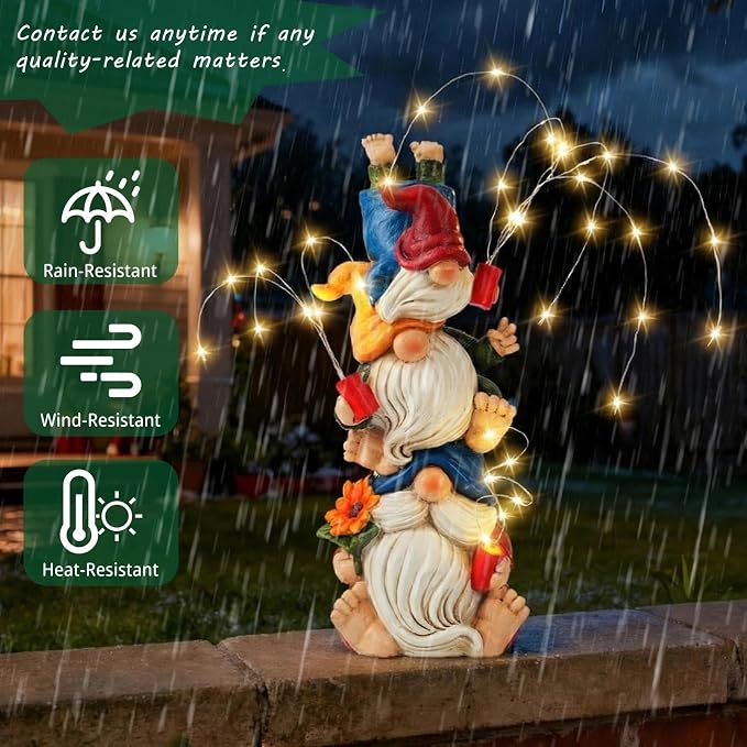 Gnomes Decorations for Yard, Triple Stacked with DIY Firework Lights, Solar Garden Gnome Outdoor Decor Statue for Patio Lawn, Mothers Day Birthday Gift for Mom Grandma (11.5in)
