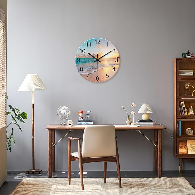 Blue Beach Wall Clock Battery Operated 12 Inch | Round Glass Wall Clock Non Ticking Analog Coastal Wall Clocks for Bedroom Living Room Office Kitchen Decor