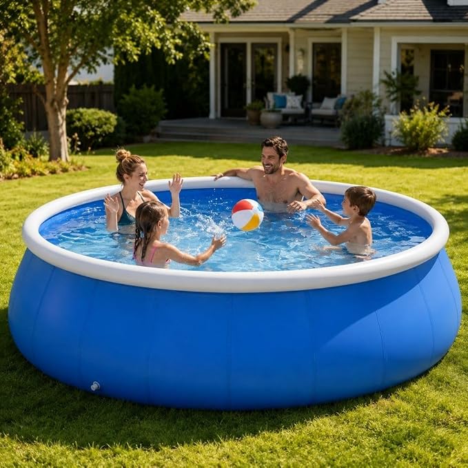 Large Inflatable Pool, 12 ft x 30 in (366 x 76 cm), Blue and White Round 3-Ply Laminated Mesh PVC Backyard Swimming Pool for 6-8 People, Foldable Kiddie Pool for Family Summer Fun