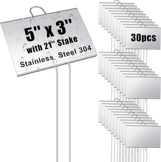 Landhoow 30 Pcs Large Garden Plant Markers Metal Plant Labels Sign 5'' x 3'' with 21'' Stake Weatherproof Waterproof Garden Sign for Outdoor Seedlings Herbs Vegetable Greenhouse, Sliver