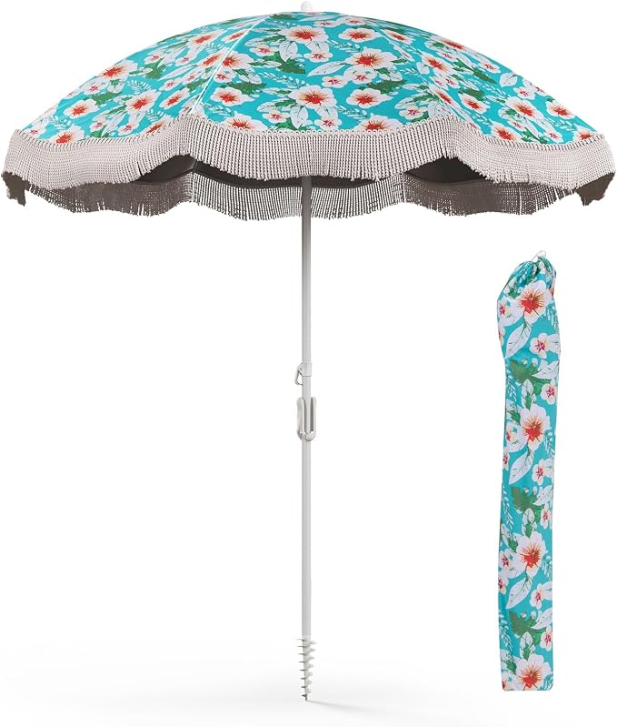 HAPPYGRILL 6.5 FT Outdoor Fringe Beach Umbrella, UPF50+ Sun Protection, Portable Sunshade with Carrying Bag, Push Button Tilt, Patio Tassel for Garden Lawn Poolside Table, Green