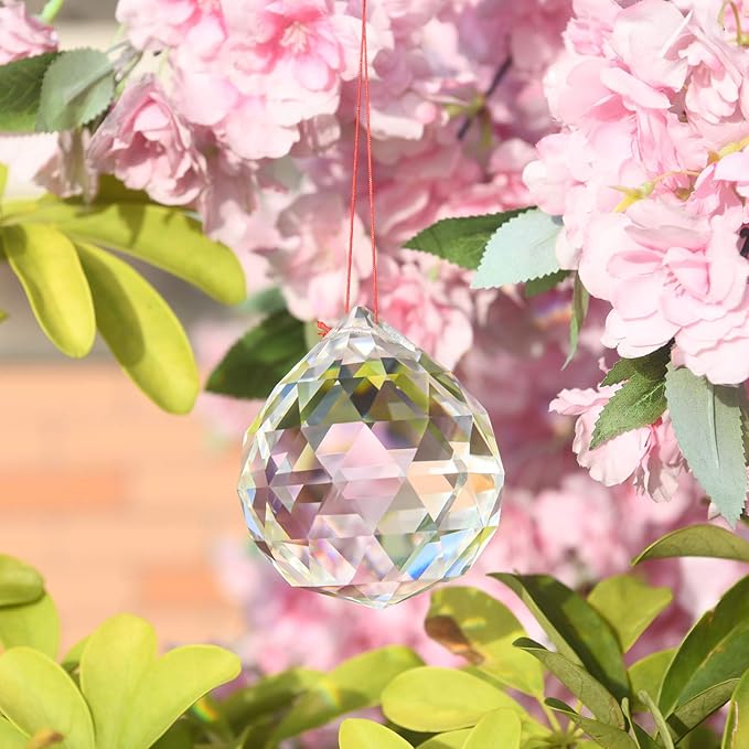 2 Pieces 50mm Clear Cut Crystal Prisms,Hanging Rainbow Pendants Glass Sphere Faceted Gazing Ball for Home Décor with Cloth Bag and Chain