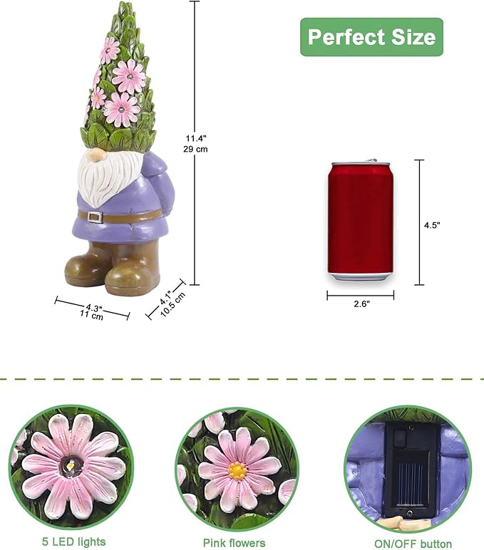 Solar Garden Outdoor Statues Gnome with Succulent | 7 LED Lights, Lawn Decor Statue for Patio, Balcony, Yard Ornament, Gifts for Mom Grandma Women