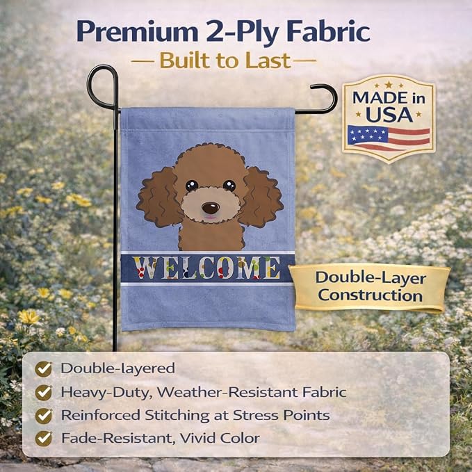Caroline's Treasures BB1442GF Chocolate Brown Poodle Welcome Garden Flag, Blue Mailbox Flag Decorative Yard Flag Banner Outside Patio Artwork Yard Flower Beds, Garden Size, Multicolor