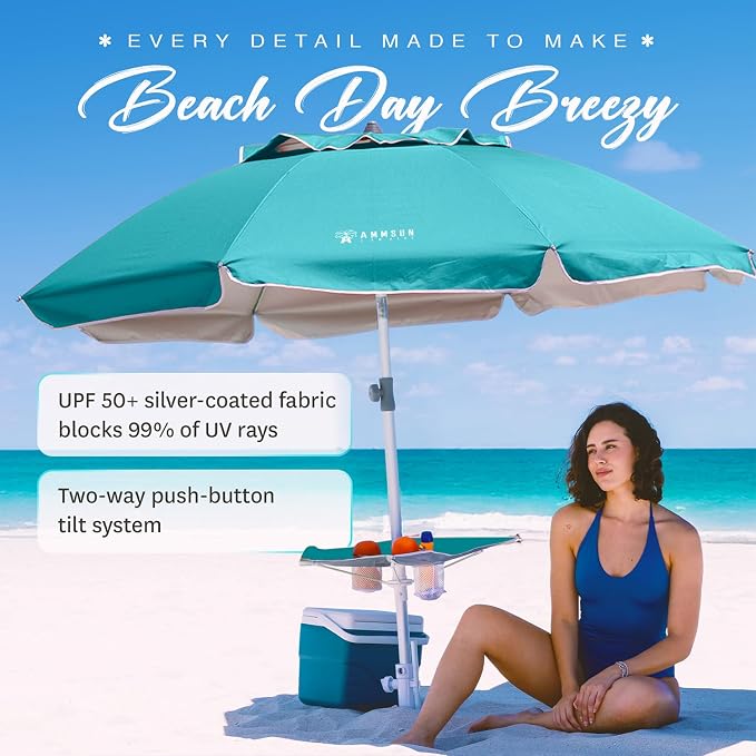AMMSUN 7ft Heavy Duty High Wind Beach Umbrella with sand anchor, Built-in Table Tray & Tilt Pole, Air Vent, UPF 50+ Windproof Portable Outdoor Umbrellas Carry Bag for Patio Garden Pool Backyard (Teal)