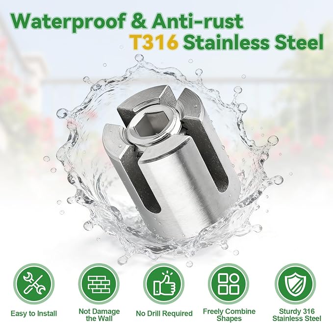 20PCS T316 Stainless Steel Cable Cross Clamps, Kalolary Heavy Duty No Drilling Clips for 5/64"-1/8" Wire Rope & Rods, Wall Wire Trellis Kit for Climbing Plants DIY Outdoor Garden Vine Flower Wall