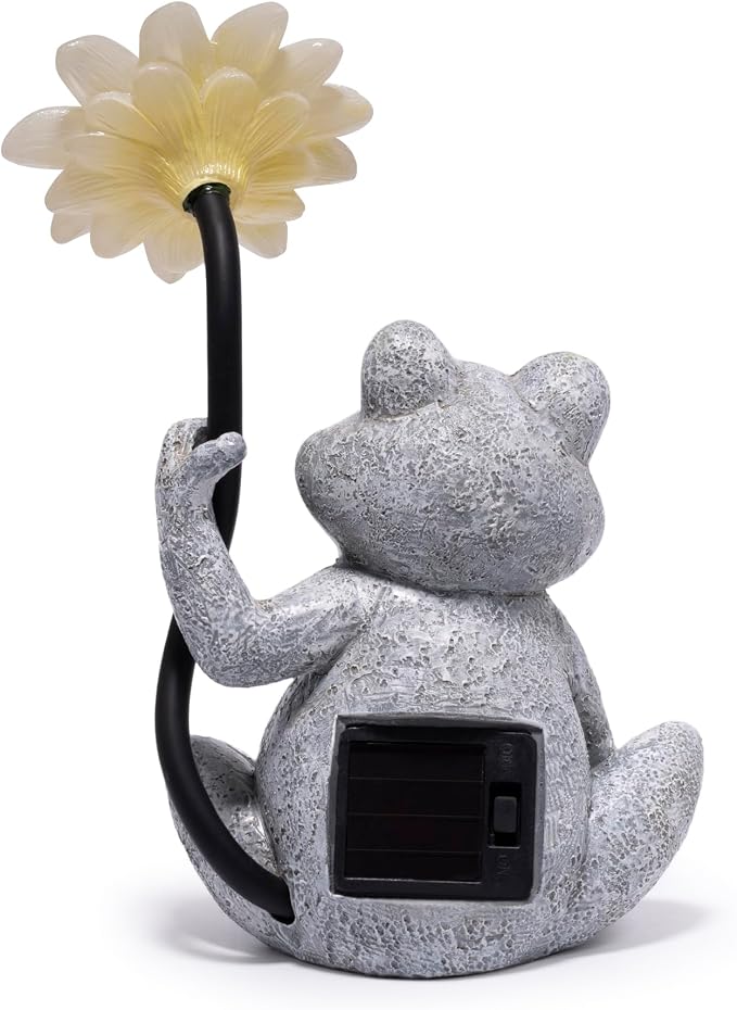 basen Solar Frog Garden Statue with Sunflower Light, Outdoor Solar Frog Figurine Decor for Yard Lawn Patio, Resin Frog Sculpture with LED Solar Lantern for Garden Landscape Ornament