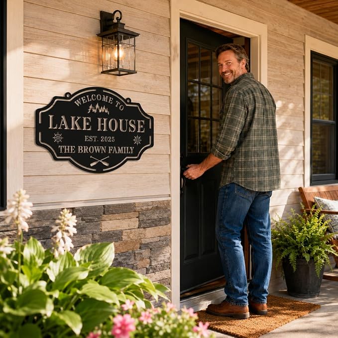 Personalized Metal Lake House Sign Custom Family Name Wall Art Rustic Cabin Decor for Entryway Porch Outdoor Lake Life Gift