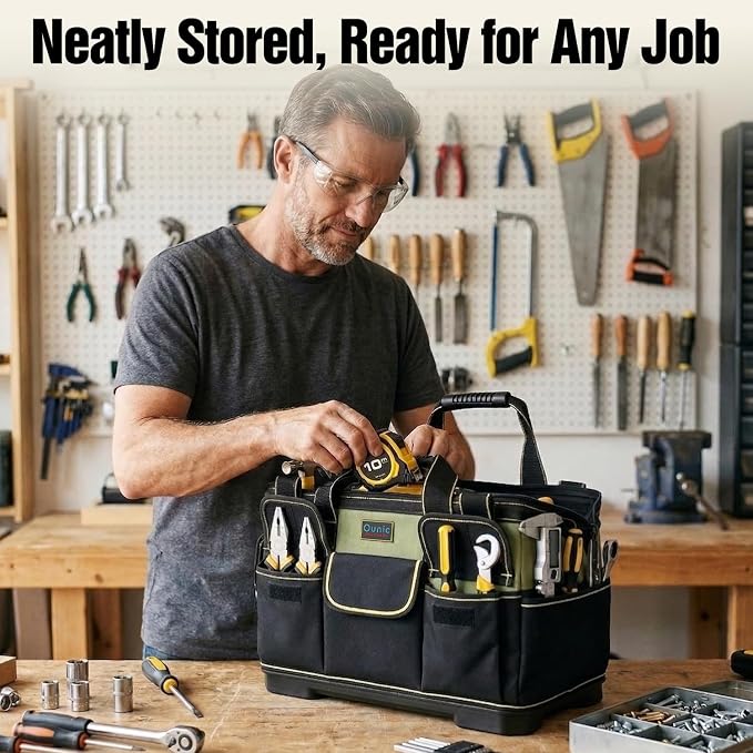 Tool Bag, Ounic 20 Inch Large Tool Tote Bag Heavy Duty With Waterproof Molded Base, Wide Mouth Tool Box Organizer with Adjustable Shoulder Strap for Electrician Mechanic Craftsman Plumbers(Green)