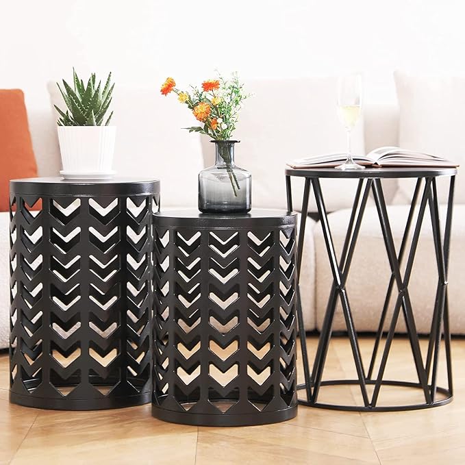 Y&M Outdoor Side Tables Set of 3, Round Metal Nesting Patio End Tables, Heavy Duty Stacking Accent Tables for Patio, Balcony, Garden, Porch, Indoor & Outdoor, Black