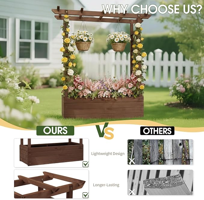 VINGLI Raised Garden Bed with Trellis & Hanging Roof, Wooden Elevated Planter Box with Drainage Holes for Outdoor Climbing Plants Vegetables Flowers, Patio Yard Balcony (Carbonized, Medium)