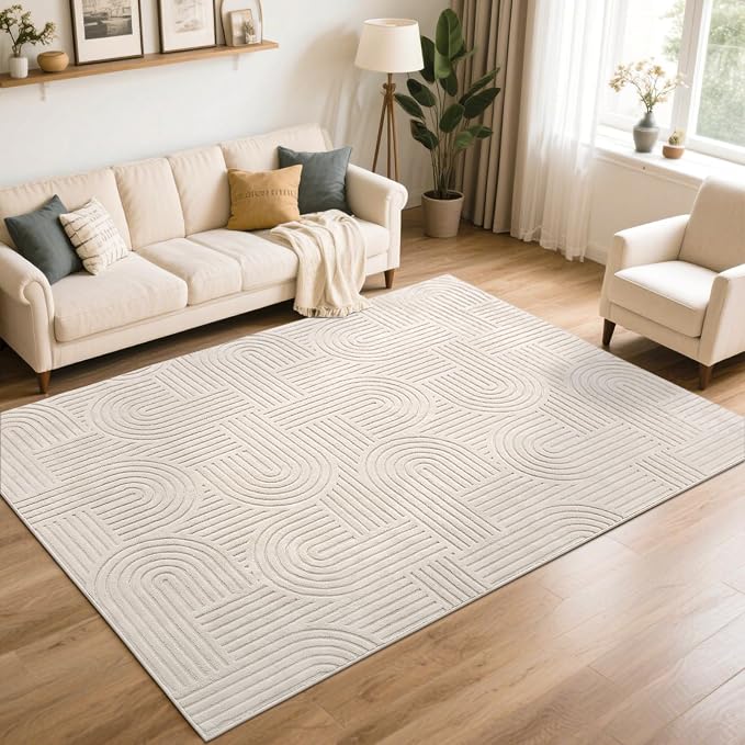 SHACOS Soft Cozy Fluffy Arch Pattern High-Low Pile Area Rugs 6'x9' Large Non Slip Washable Modern Geometric Rug Scandinavian Minimalist Carpet for Living Room Bedroom Dining Room, Beige
