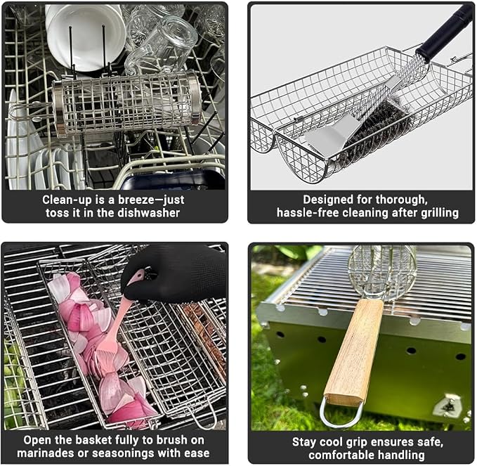 Rolling Grill Basket for Vegetables, Kebabs & Shrimp – 304 Stainless Steel BBQ Accessory with Side-Opening Design, Ideal for Outdoor Cooking & Camping (Rolling Grill Basket)