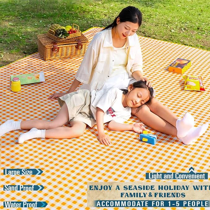 Extra Large Picnic Blanket Beach Blankets, 80''x80'' Picnic Mat Waterproof Sand Proof Foldable Portable for Outdoor Camping Hiking Travel Grass Park Music Festival Lawn Mats (yellow, 80x80 inch)
