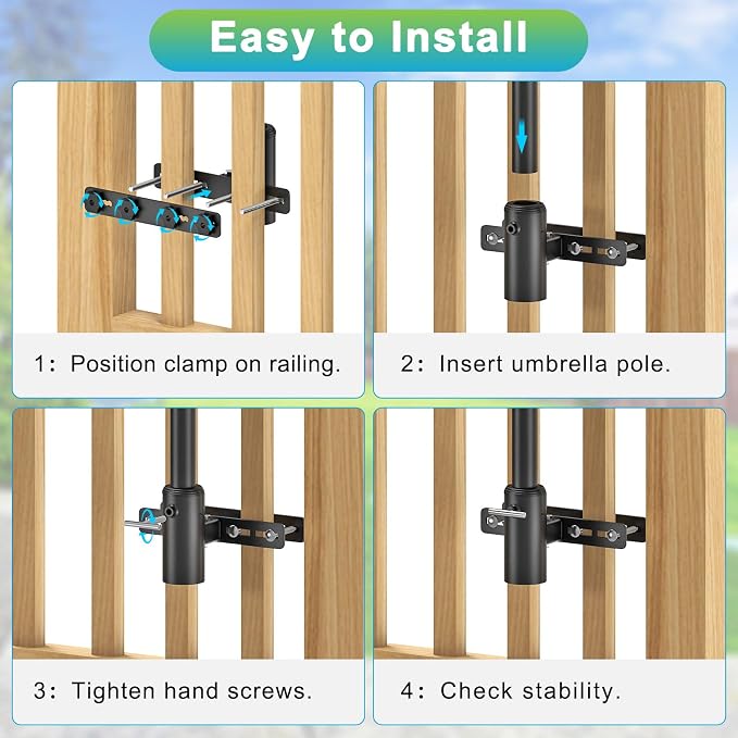 Dolibest Heavy Duty Deck Railing Umbrella Holder, Patio Umbrella Stand & 3 Sleeves for 1-1.9" Poles, Serrated Locking Design for Horizontal/Vertical Rails Mount, Space Saver for Balcony, Fence -1 Set