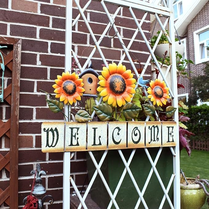 Morning View Metal Sunflower Welcome Sign Hanging Flower Wall Decor Door Sign Decorative Wall Plaque Outdoor Garden Porch Yard Home Decor 17.5X11.25 Inch