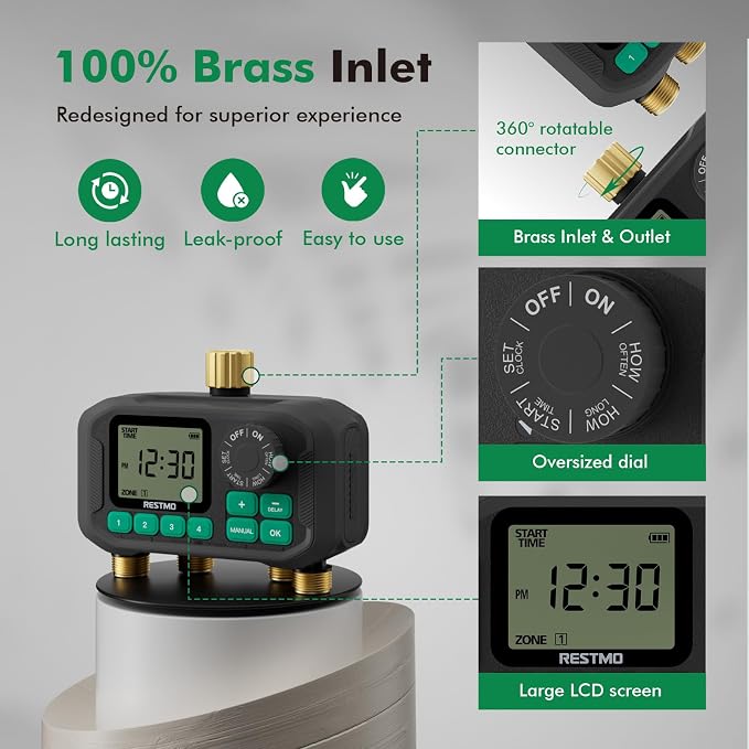 RESTMO Remote Control Brass Sprinkler Timer for Outdoor Hose Faucet 4 Zone, Max 11h59m Programmable Water Timer for Soaker Hose, Misting with Large Dial, Rain Delay/Manual/Automatic Irrigation System