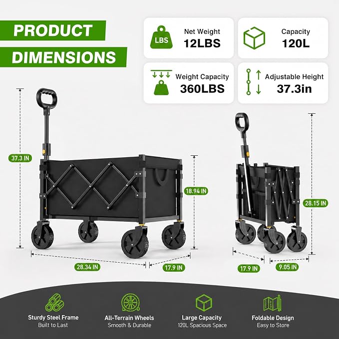 Collapsible Wagon Cart with Wheels Foldable, 360lbs Large Capacity Portable Folding Utility Heavy Duty Beach Wagons Cart with All-Terrain Wheels for Shopping, Camping, Sports, Garden