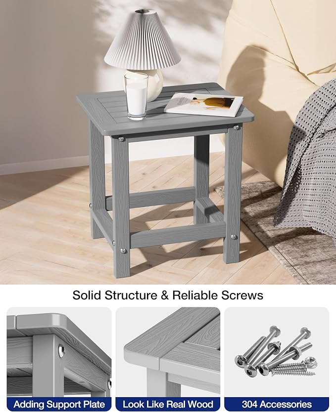 YEFU Outdoor Side Table for Patio: 16" HIPS Weather - Resistant Adirondack Tables - Waterproof Small Square End Tables for Backyard Pool Porch Balcony - Indoor Outdoor Durable Table Grey