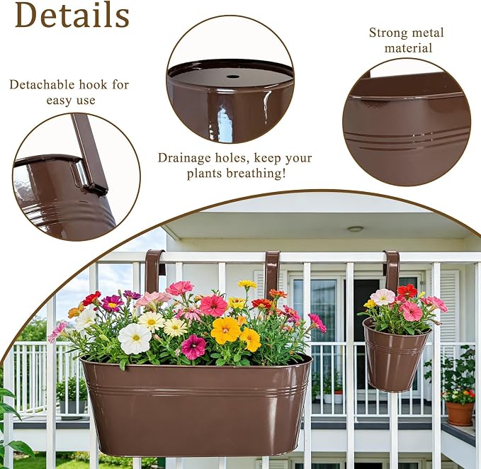 Set of 8 Outdoor Metal Railing Planters Box - 4 Pcs 5.12" Round Balcony Hanging Planter & 4 Pcs 17" Oval Fence Pot with Detachable Hooks Drainage, Chocolate