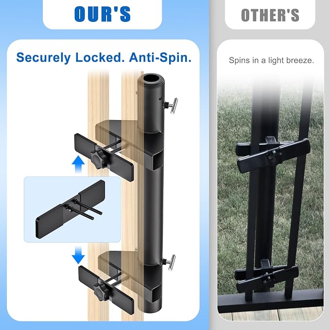 KingDolly No-Drilling Patio Umbrella Holder for Deck Railing with Space-Saving Design, Heavy Duty Deck Umbrella Mount - Fits 1"-1.9" Umbrella Poles, Adjustable Clamp on Umbrella Holder for Deck