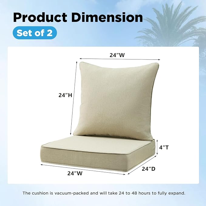 Outdoor Deep Seat & Back Cushion Set (2-Pack), 24 x 24 Inch Water Repellent and Fade Resistant Patio Furniture with Removable Cover for Outside Sofa Couch, Linenweave Tan