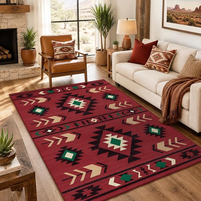 Area Rug 5x7 Western Rug Living Room Southwestern Aztec Tribal Rugs Southwest Navajo Machine Washable Non-Slip Printed Low-Pile Floor Carpet for Bedroom Dining Room Office, Red
