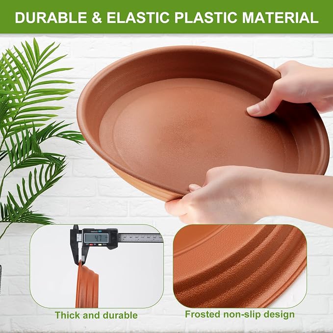 12 Pcs 12 Inch Plastic Plant Saucer Thicker Plastic Heavy Duty Round Flower Pot Saucers Water Planter Tray for Indoor Outdoor Plant Pots, Terracotta Color
