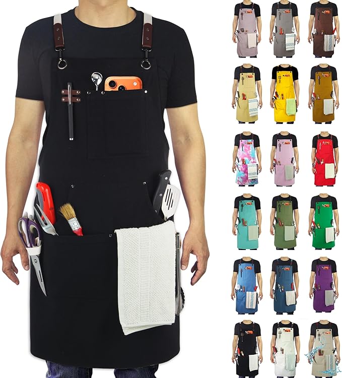 Kitchen Apron, Work Apron, Canvas, Multiple Pockets, Gardening, Painting, BBQ, Artist, Carpenter, Sizes M to XXL, Black | Multiple Pockets, Gardening, Painting, BBQ, Artist, Carpenter, Sizes M to XXL