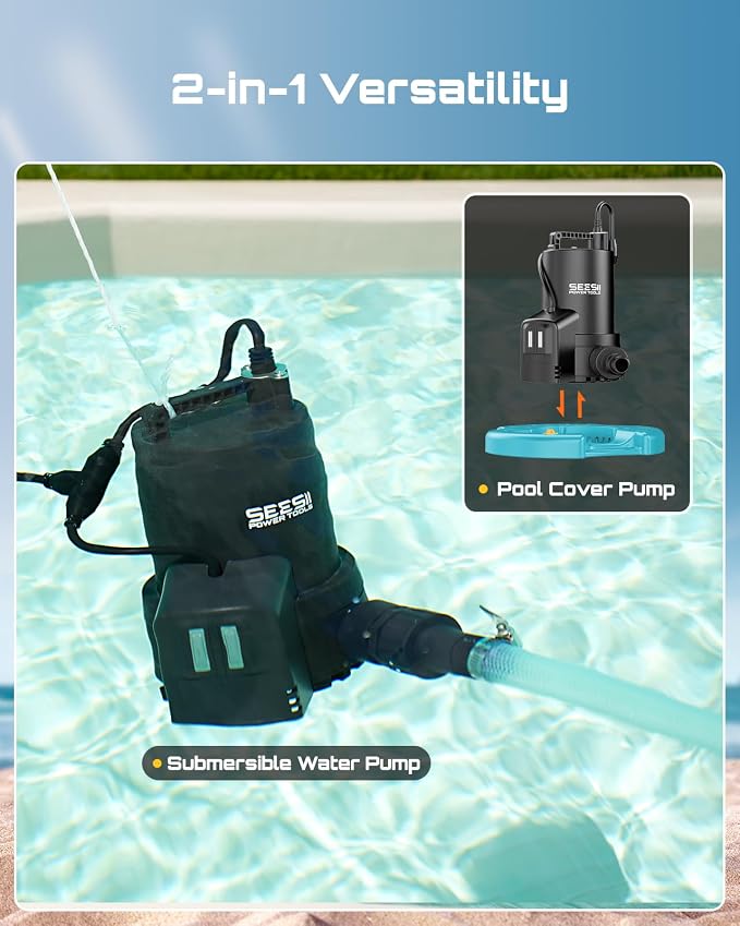 SEESII Auto 2-in-1 Pool Cover & Submersible Water Pump, 1/3 HP | 3035 GPH Sump Pump, Smart Auto On/Off, Clog-Free Net. Ideal for Pools, Flooded Basements, Hot Tubs & Garden Ponds