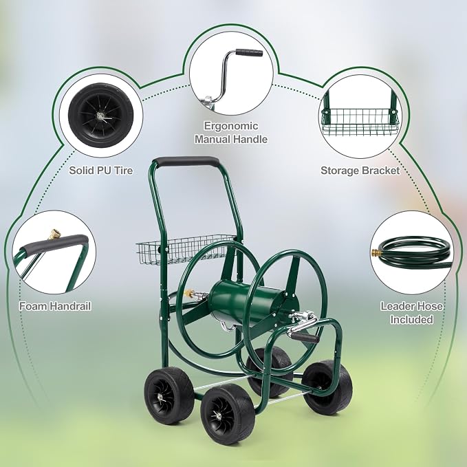 VINGLI 300FT 5/8in Garden Hose Reel Cart, 4-Wheel Portable Residential Hose Reel Cart, Hose Guide System with Storage Basket, Rust Resistant, for Family Yard, Garden and Farm (Green)